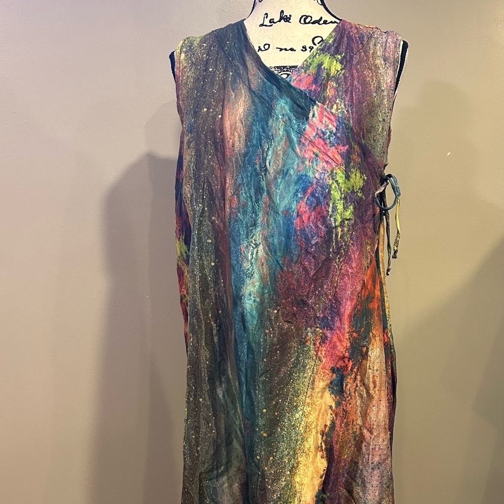 Bryn Walker Zen Taffeta Nebulosa Abstract Print Asymmetrical Hem Wrap Tunic - Picture 11 of 16